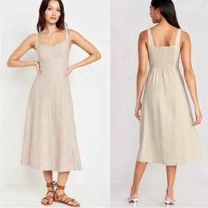 Old Navy Linen Blend Fit & Flare Midi Dress Tan